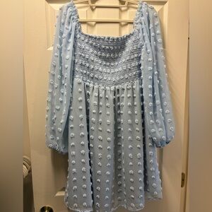 Light Blue Smocked Dress with Puff Long Sleeves